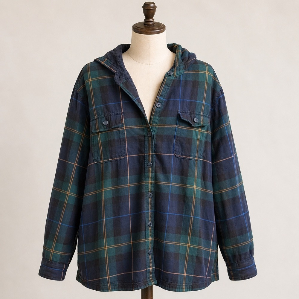 L.L.‎ Bean Womens XL Petite Fleece Lined Flannel Hooded Shirt Jacket Plaid